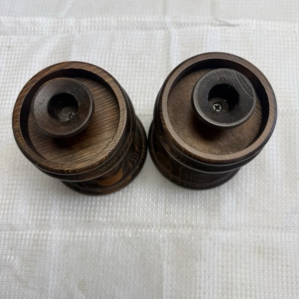 Set 2 Vintage Wooden Pedestal Taper Candlestick Holders 6